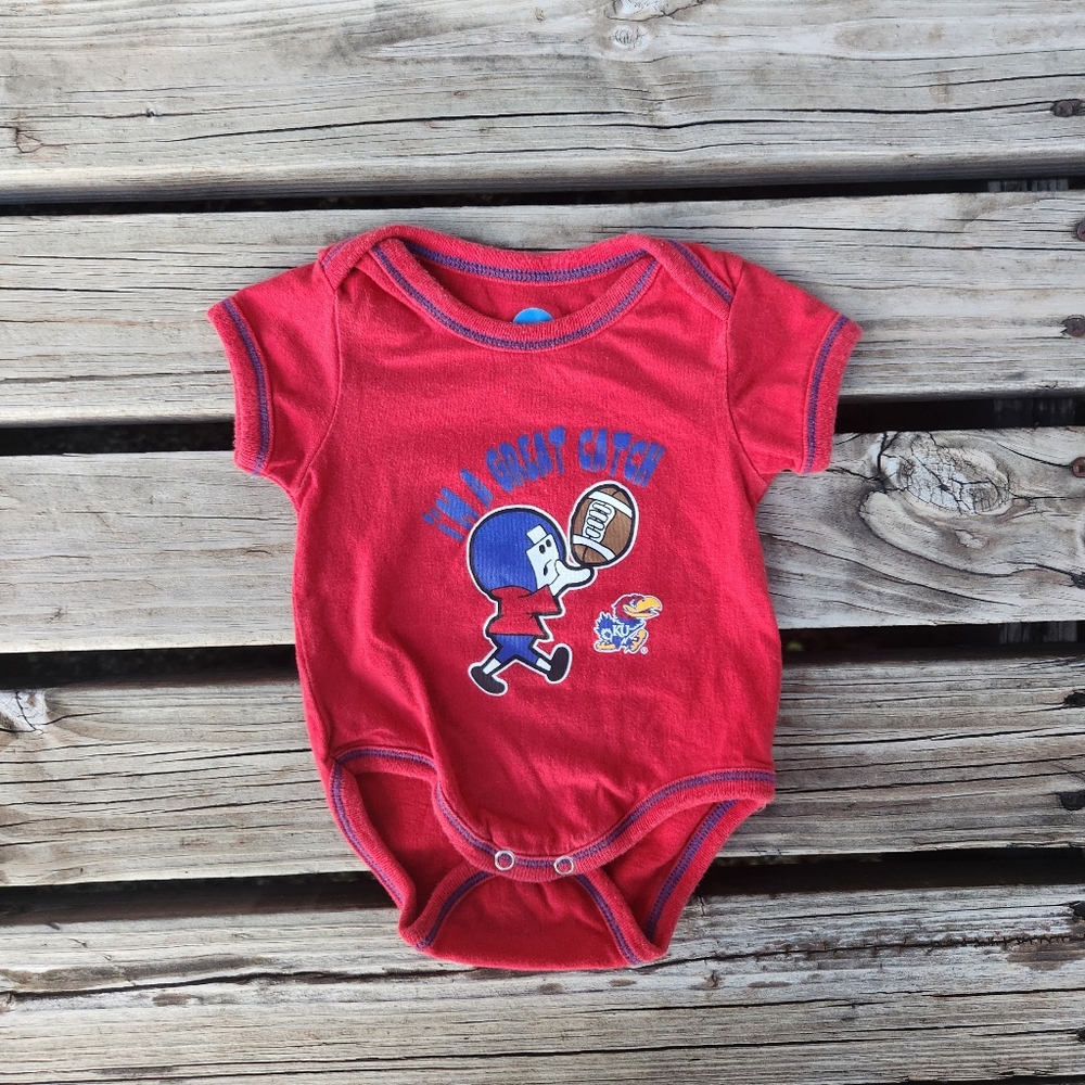 KU Great Catch Red Football Kids Onesie 0-3 Months Kansas Jayhawks Lawrence Baby